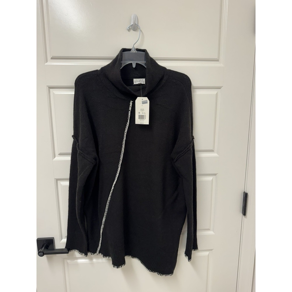Wonderly True Black Whipstitch Turtleneck Sweater Womens Large LGM11290BK NWT